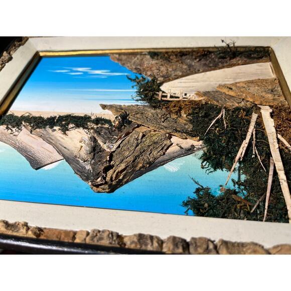 Vintage Japanese Mixed Media Framed Landscape Natural Art. Bark and Moss.3D. MCM - Picture 4 of 8